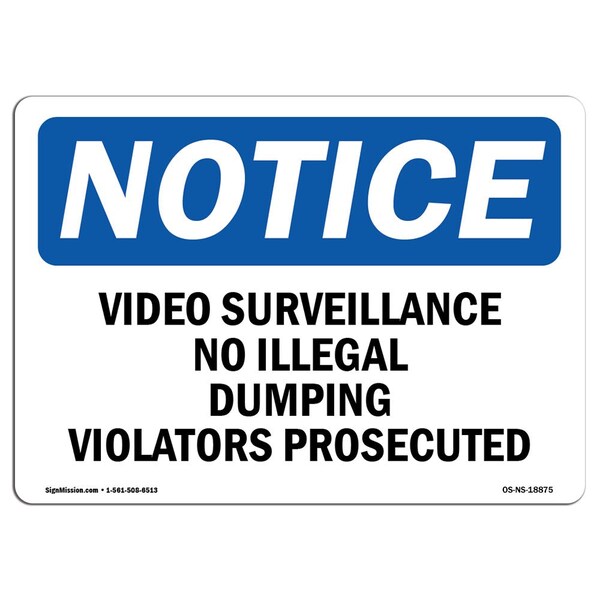 Signmission OSHA Sign, 10" H, Rigid Plastic, Video Surveillance No Illegal Dumping Violators Sign, Landscape OS-NS-P-1014-L-18875 - main
